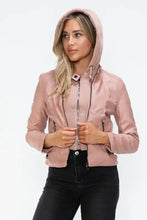 Snobbish Faux Leather Zip Up Drawstring Hooded Jacket Woman Outerwear