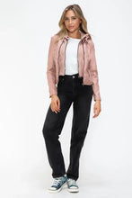 Snobbish Faux Leather Zip Up Drawstring Hooded Jacket Woman Outerwear