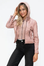 Snobbish Faux Leather Zip Up Drawstring Hooded Jacket Woman Outerwear