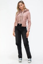 Snobbish Faux Leather Zip Up Drawstring Hooded Jacket Woman Outerwear