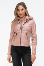 Snobbish Faux Leather Zip Up Drawstring Hooded Jacket Woman Outerwear