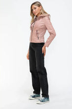 Snobbish Faux Leather Zip Up Drawstring Hooded Jacket Woman Outerwear