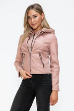 Snobbish Faux Leather Zip Up Drawstring Hooded Jacket Woman Outerwear