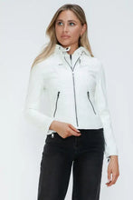 Snobbish Faux Leather Zip Up Drawstring Hooded Jacket Woman Outerwear