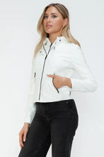 Snobbish Faux Leather Zip Up Drawstring Hooded Jacket Woman Outerwear