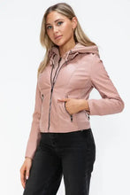 Snobbish Faux Leather Zip Up Drawstring Hooded Jacket Woman Outerwear