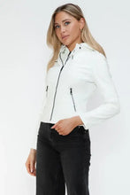 Snobbish Faux Leather Zip Up Drawstring Hooded Jacket Woman Outerwear