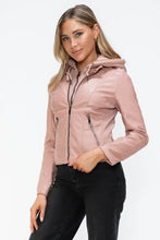 Snobbish Faux Leather Zip Up Drawstring Hooded Jacket Woman Outerwear