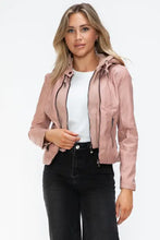 Snobbish Faux Leather Zip Up Drawstring Hooded Jacket Woman Outerwear