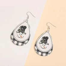 Snowman PU leather dangle earrings with buffalo check and top hat design