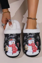 Snowman round toe faux fur slippers with black Christmas print