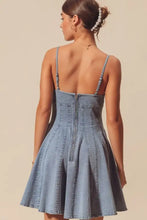 So me a line fit and flare denim mini dress in light wash with thin straps and back zipper detailing