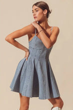So me a line fit and flare light blue denim mini dress with thin straps and flared skirt for casual wear