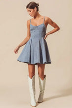 Light blue denim mini dress with thin straps and a flared skirt from so me a line fit and flare denim mini dress collection