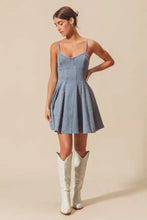 A light blue denim mini dress with thin straps and a flared skirt from so me a line fit and flare denim mini dress collection