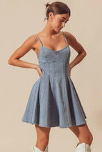 So me a line fit and flare denim mini dress in light wash with thin straps and a flared skirt design