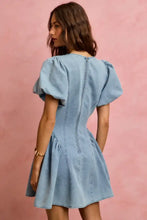 Light blue denim mini dress with fitted back and bubble sleeves denim design from so me collection