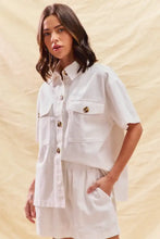 White short-sleeved SO ME denim set shirt with gold buttons, pockets