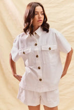 White short-sleeved SO ME denim set shirt with gold buttons, pockets