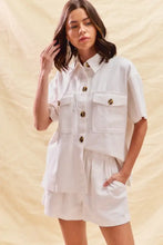 White short-sleeved button-up shirt in SO ME denim set with gold buttons