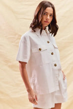 White short-sleeved SO ME denim set shirt dress with gold buttons, pockets