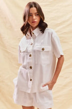 White short-sleeved SO ME denim set shirt with gold buttons, pockets