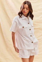 White short-sleeve button-up shirt in SO ME denim set with gold buttons