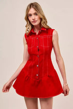 A vibrant red sleeveless collared game day mini dress in denim with button-front and white stitching details