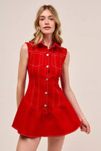 A vibrant red sleeveless collared game day mini dress in denim with button-front closure and flared skirt