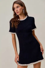 SO ME ruffled sweater knit mini dress in navy blue with white trim