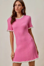 SO ME ruffled sweater knit mini dress in vibrant pink with white trim