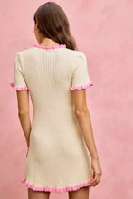 SO ME ruffled sweater knit mini dress with cream ribbing and pink trim
