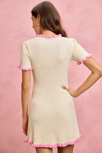 SO ME ruffled sweater knit mini dress in cream with pink trim