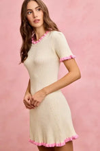 Cream SO ME ruffled sweater knit mini dress with pink trim