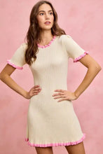 SO ME ruffled sweater knit mini dress in cream with pink trim