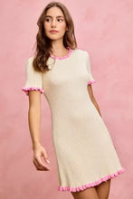 SO ME ruffled sweater knit mini dress in cream with pink trim