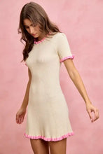 SO ME ruffled sweater knit mini dress in cream with pink trim