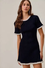SO ME ruffled sweater knit mini dress in navy blue with white trim