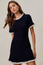 SO ME ruffled sweater knit mini dress in navy blue with white frayed trim