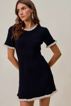 Navy blue SO ME ruffled sweater knit mini dress with white trim