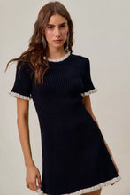 SO ME ruffled sweater knit mini dress in navy blue with white trim