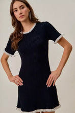 SO ME ruffled sweater knit mini dress in navy blue with white trim
