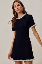 Navy blue SO ME ruffled sweater knit mini dress with white trim