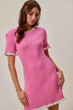 Vibrant pink SO ME ruffled sweater knit mini dress with white trim