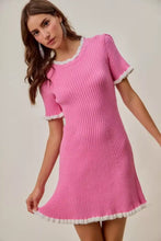 SO ME ruffled sweater knit mini dress in vibrant pink with white frayed trim