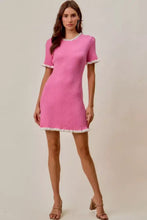 SO ME ruffled sweater knit mini dress in vibrant pink with white frayed trim