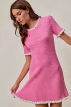 SO ME ruffled sweater knit mini dress in vibrant pink with white frayed trim