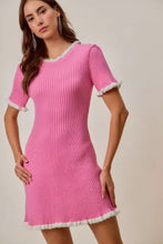 Vibrant pink SO ME ruffled sweater knit mini dress with white frayed trim