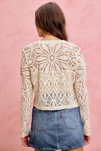 Cream-colored crochet knit cardigan sweater with floral pattern, long sleeves