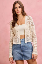 Cream-colored crochet knit long sleeves cardigan sweater with lace pattern